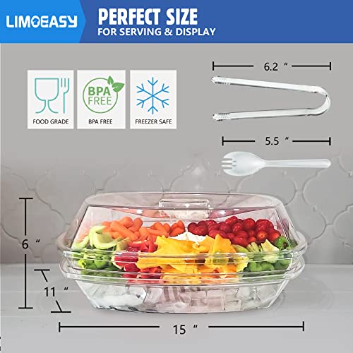 LIMOEASY Chilled Veggie Tray, 15 Inch Clear Party Platter with 4 Compartments, Ice Serving Bowl with Lid, Cold Food Buffet...