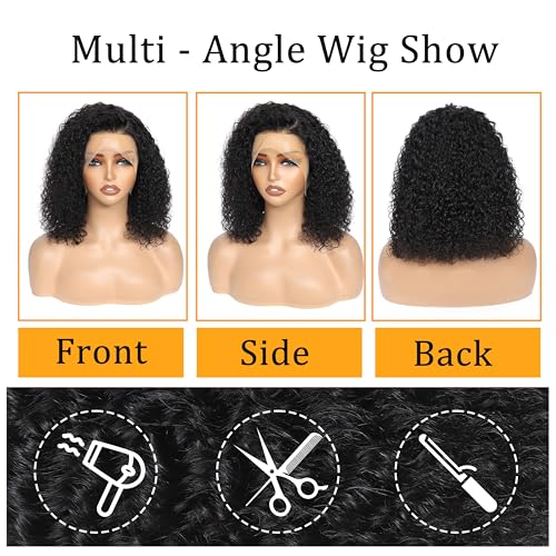 13x4 Deep Wave Lace Front Wigs Human Hair 200% Density Black Curly Human Hair Wig Short Natural Wigs for Black Women Transparent Lace Frontal Wig for Daily Wear 18 Inch