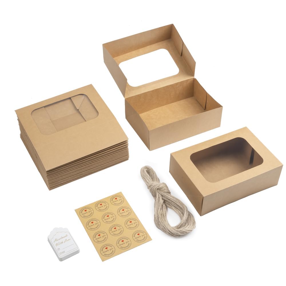 YEKTFS 24 Pcs Cookie Boxes with Window for Paper Gift Giving Brown Bakery Gift Boxes 9 x 6.3 x 3 Inch, Easy Estate Holiday Packaging for Cookie, Cupcaked, Donuts & Pastries