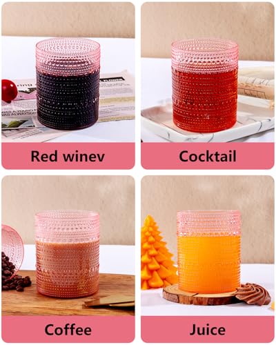 YOUBET 24PCS Plastic Drinking Glasses - 14OZ Pink Hobnail Drinkware Glasses - Vintage Glassware Textured Beaded Cups for W...