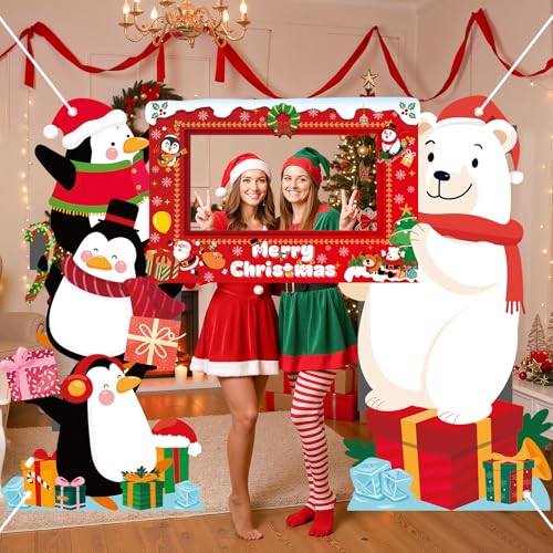 Christmas Photo Booth Props Selfie Frame Banner Polar Bear Penguin Xmas Backdrop for Christmas Xmas Winter Holiday Party N...