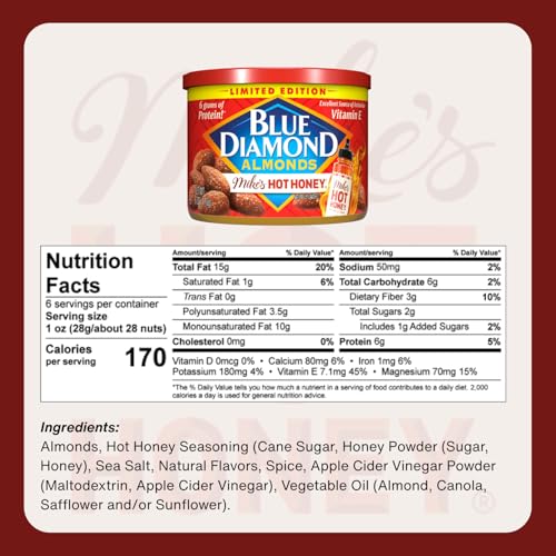 Blue Diamond Almonds, Made with Mike’s Hot Honey Infused with Chilies For a Perfect Sweet and Spicy Snack Nut Combination, 6oz. Can