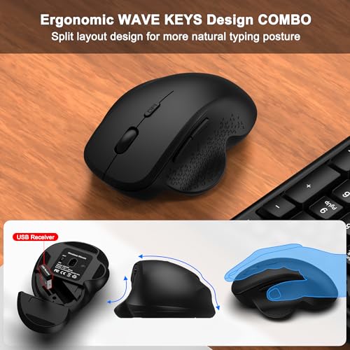 Wireless Keyboard and Mouse Combo, 2.4G Wave Keys Ergonomic Keyboard with Wrist Rest and 3 Level DPI Advanced Wireless Erg...