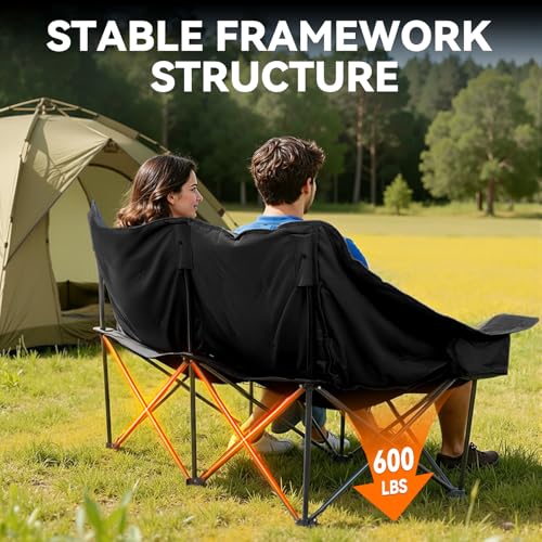 Double Camping Chair Oversized Padded Camping Chairs for Adults Folding Loveseat with Cup Holders and Side Pockets Heavy D...