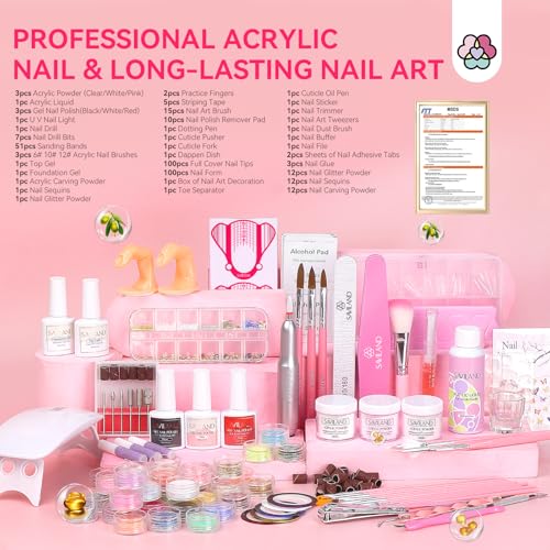 SAVILAND Acrylic Nail Kit with Drill: Professional Acrylic Nail Set for Beginners with Everything U V Light 3 Colors Gel P...