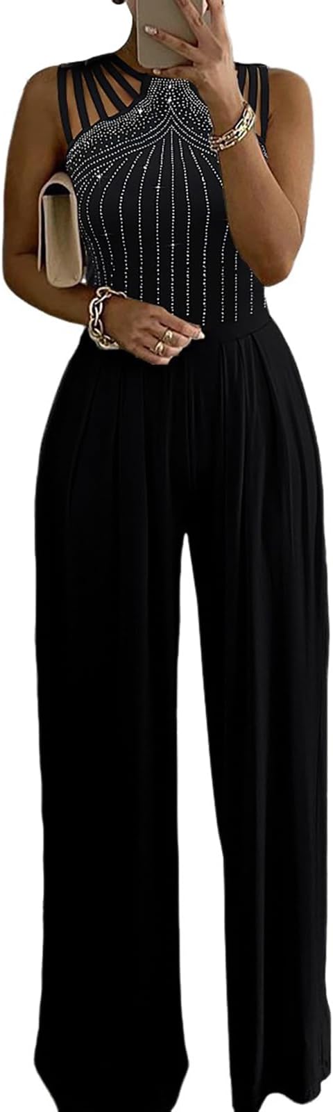 CHICME Women's One Piece Jumpsuit Rhinestone Cutout Ruched Wide Leg Jumpsuit Overall Long Pants