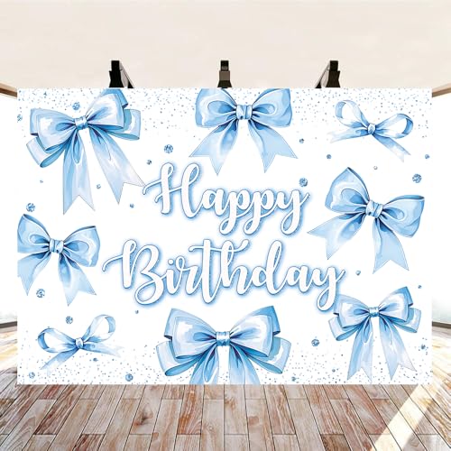 Bow Birthday Backdrop Banner Blue Bow Birthday Glitter Photography Background for Girls Women Bday Party Decorations Baby ...