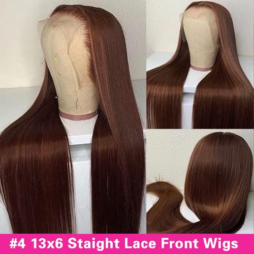 Chocolate Brown Lace Front Wigs Human Hair 13x6 HD Lace Front Human Hair Wigs For Women 250% Density #4 Middle Brown Lace Frontal Wig (16 Inch)