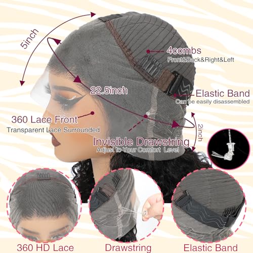 Hidden Strap 360 Deep Wave Lace Front Wigs Human Hair Curly Bob Wig With Drawstring 360 Full Lace Frontal Wigs Human Hair Bob Wigs For Black Women 360 Lace Front Wigs Pre Plucked(12inch)