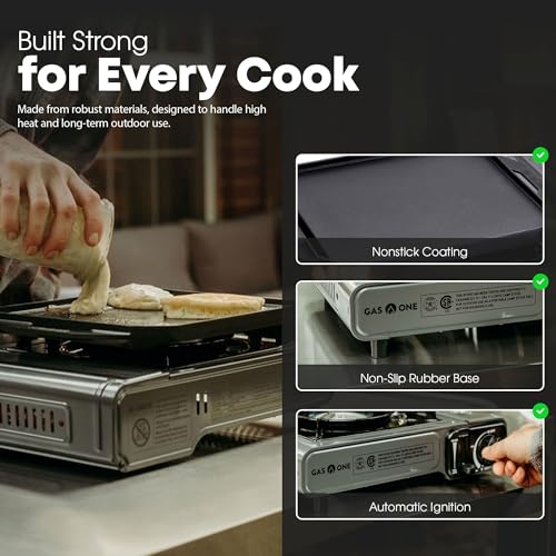 GasOne GS-1000G-KIT Butane Gas Stove with Flat Top Griddle Included – Butane Grill Tent Stove Burners for Cooking for Camp...