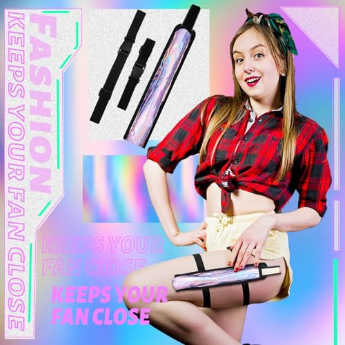 Cosblank Summer Rave Fan Thigh Holster Rave Fan Holder Folding Hand Pouch Foldable Sleeves with Waist Belt for Thigh Party