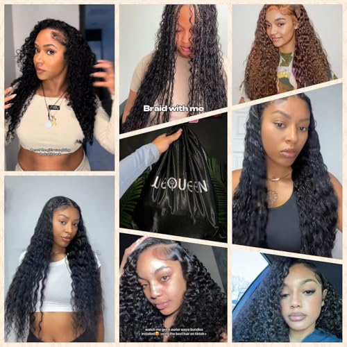 Wequeen 16A Deep Wave Human Hair Bundles 14 16 18 Inch 100% Unprocessed Brazilian Virgin Hair Quick Weave Bundles Human Hair Extensions Real Human Hair, Natural Black