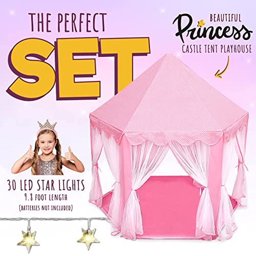 ORIAN Princess Castle Play Tent for Girls, LED Star Lights, Indoor & Outdoor Playhouse, Polyester, Pink, 55" x 53", Toddle...