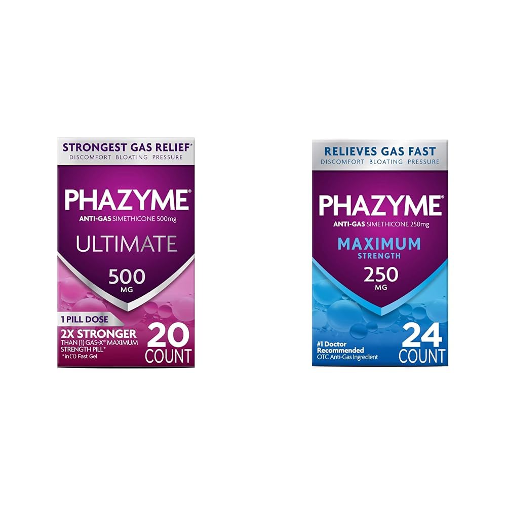 Phazyme Gas Relief Bundle with 500 mg and 250 mg Simethicone Fast Gels, 20 and 24 Count