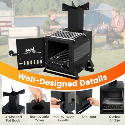 Giantex Portable Wood Burning Stove, Hot Tent Stove with 3 Cooking Positions, Anti-scalding Door Handle, Glass Window & 2 ...