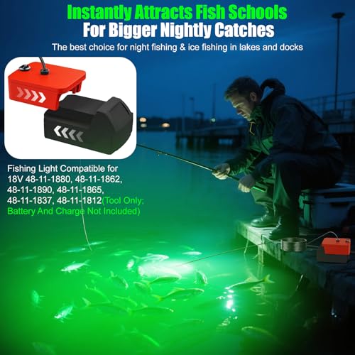 Underwater Fishing Light Compatible for Milwaukee 18V Battery, IP68 Waterproof Green Fishing Light, 1300 Lumens Fish Attra...