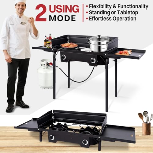 2 Burner Propane Camp Stove | 150,000 BTU Gas Burners | Side Shelves | Windscreen | Waterproof Cover | Detachable Legs | I...