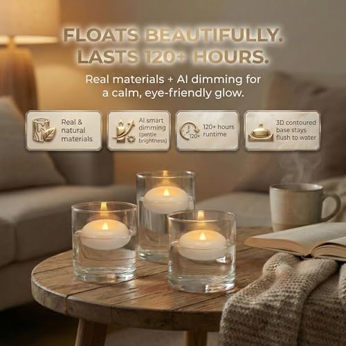 Aignis 24 Flameless LED Floating Candles, 3-Inch Plastic Battery Operated Tealights, Glow Time Over 120 Hours, Cozy Romant...
