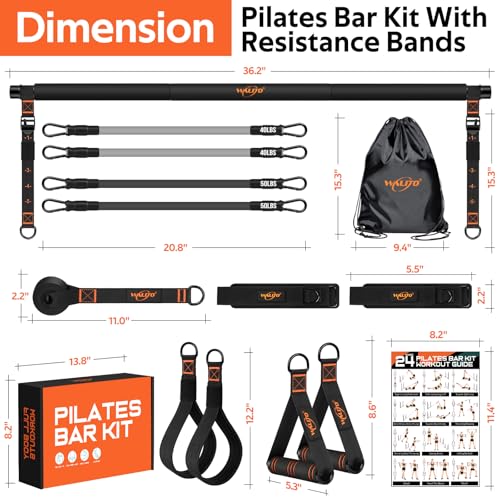 Pilates Bar Kit with Resistance Bands, 3-Section Multifunctional Yoga Pilates Bar with Metal Adjustment Buckle.Portable Pi...