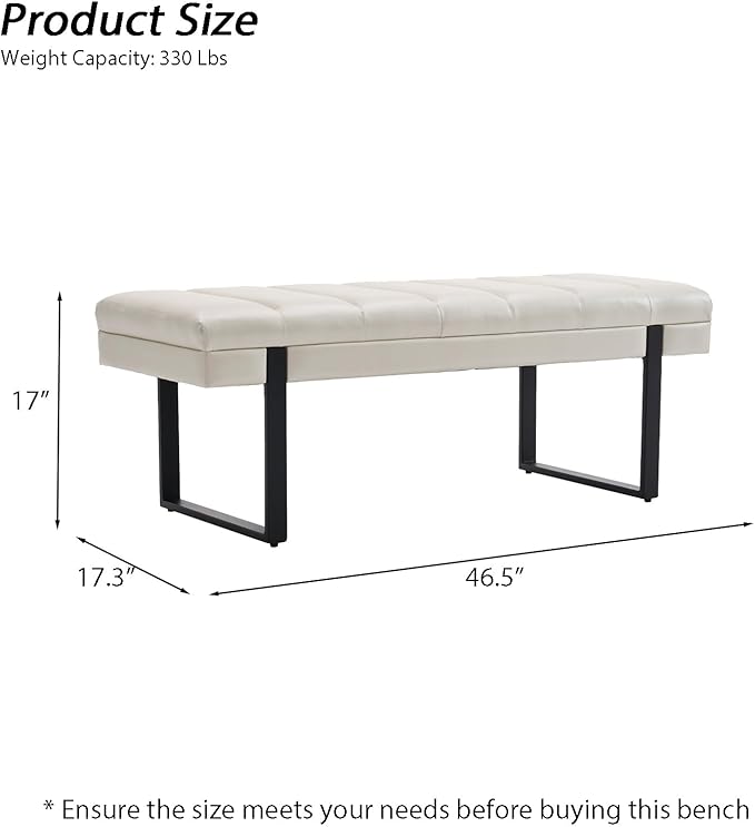 AIITTCC Faux Leather Ottoman Bench, Tufted Padded End of Bed Bench with Metal Legs, Upholstered Shoe Bench for Bedroom Living Room Entryway Window (Beige White, 46" Wide)