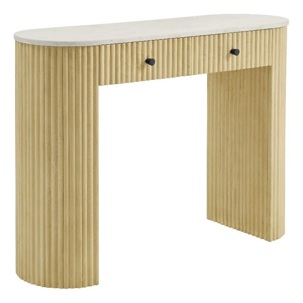 Modway Caldera 42-Inch Curved Solid Wood Fluted Console Table in Natural with Oval Marble Top – Narrow Entryway Table with 2 Drawers