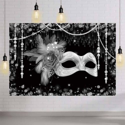 MEHOFOND 7x5ft Masquerade Party Backdrop Black and Silver Mask Photography Background Carnival Masquerade Party Supplies M...