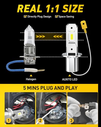 "AUXITO H3 LED Bulb, 16,000LM 600% Super Brighter, 10 Years Lifespan, 1:1 Size Plug-n-Play, 100% Perfect Installation, H3 ...