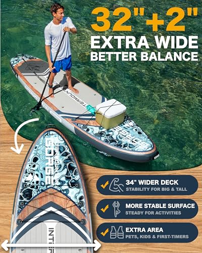 11'x34 Ultra Wide Paddleboard, Inflatable SUP&430lb Capacity for All Skill, Stand-up Paddle Board for Yoga/Family, EVA Dec...