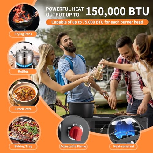 ADREAK 2 Burner Gas Stove, High Pressure Outdoor Propane Burner with Detachable Legs, 150,000 BTU Camping Stove Outdoor Bu...