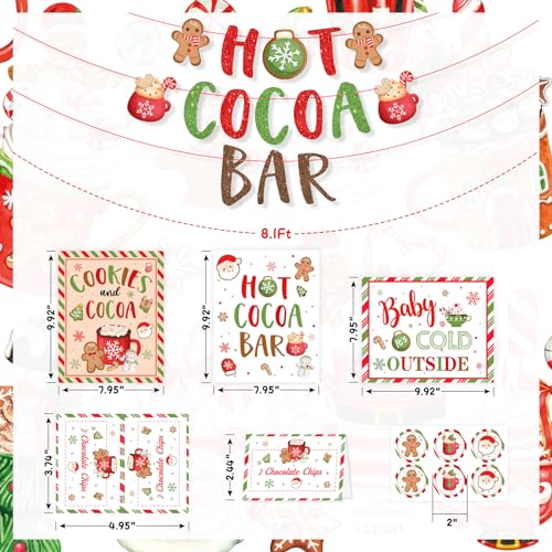 Hot Chocolate Bar Kit,Green Red Christmas Hot Cocoa Bar Supplies, Gingerbread Man Hot Cocoa Bar Banner Sign Toppings Label...