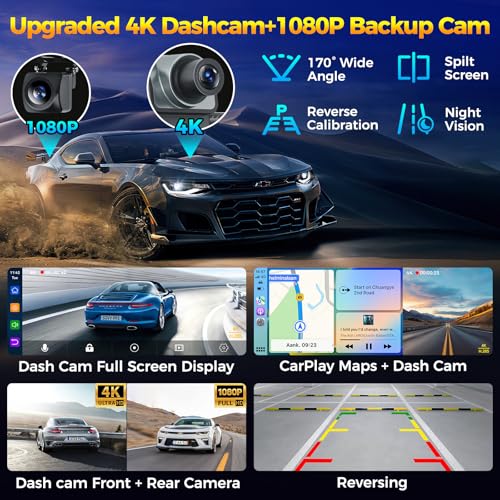 JATAZA 10.26" Wireless Apple CarPlay Android Auto Car Screen - Secure Strong Bracket, 4K Dash Cam, GPS Navigation, HD Touc...