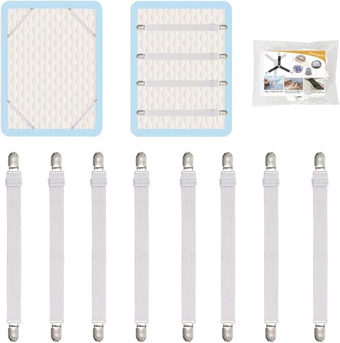 8Pcs Adjustable Bed Sheet Straps Clips, Elastic Mattress Sheet Fasteners Holder and Suspenders, Grippers to Hold Sheet, Mattress, Sofa, Couch, Table Cloth, Recliner Ironing Board Cover and More