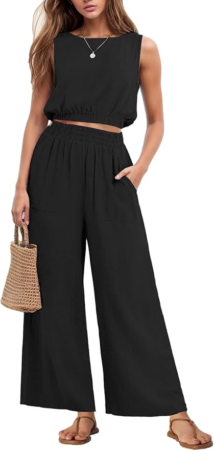 GRECERELLE Two Piece Sets for Women Sleeveless Crop Top Wide Leg Pants Sweat Set for Women Tracksuits 2026 Summer