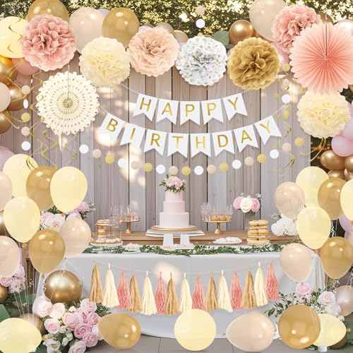 YTHETM Champagne Gold Fall Boho Birthday Decorations for Women Girls Beige Cream Neutral Party Decorations Happy Birthday ...