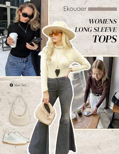 Ekouaer Women's Turtleneck Long Sleeve Shirts Thermal Underwear Tops Basic Slim Fit Fall Fashion Lightweight Top