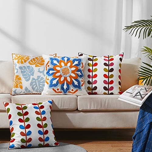 KITTMIN Embroidered Boho Throw Pillow Covers – Set of 2, 18x18 Inch, Cotton Canvas, Vibrant Mandala & Floral Decorative Cushion Cases for Couch, Sofa & Living Room (Sunflower and Leaf)