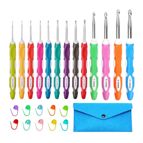 Lewhoo Ergonomic Crochet Hooks Set with Case, 13 Size Crochet Hooks for Arthritic Hands 2.0mm -10.0mm (B-N)