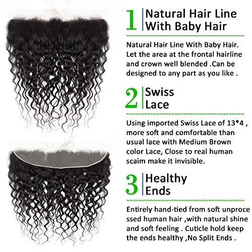 Kapelli Hair 13x4 Lace Frontal Closure Water Wave Regular HD Lace, 200% Density, 100% Brazilian Virgin Human Hair Ear to Ear HD Lace Frontal Pre Plucked with Baby Hair Natural Black Color 22 Inch