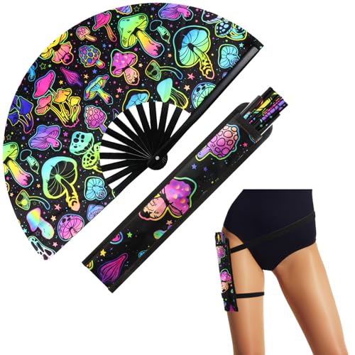 FairySandy Large Rave Fan UV Glow Hand Fan with Holster for Men Women Disco Party Supplies for Carnival St. Patrick's Day ...