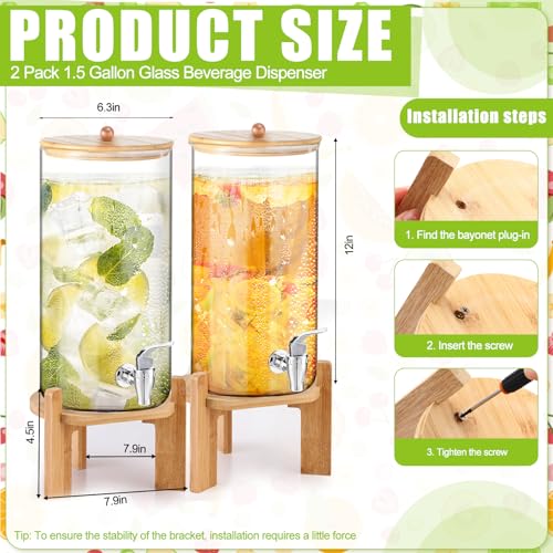 FillTouch 2 Pack 1.5 Gallon Glass Drink Dispensers for Valentine's Party, Beverage Dispensers with Stand, Spigot and Bambo...