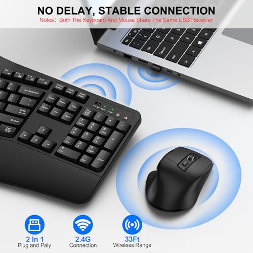 Wireless Keyboard and Mouse Combo, 2.4G Full Size Wave Keys Ergonomic Keyboard with Wrist Rest and 3-Level DPI Adjustable ...