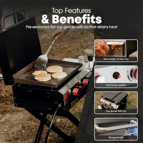 GasOne Flat Top Gas Grill with Lid – Auto Ignition Propane – Premium Stainless Steel Body Tabletop with Pre Season Griddle...