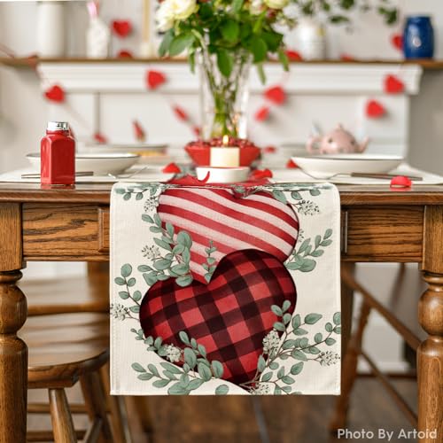 Artoid Mode Eucalyptus Hearts Valentine's Day Table Runner, Holiday Kitchen Dining Table Decoration for Home Party Indoor ...