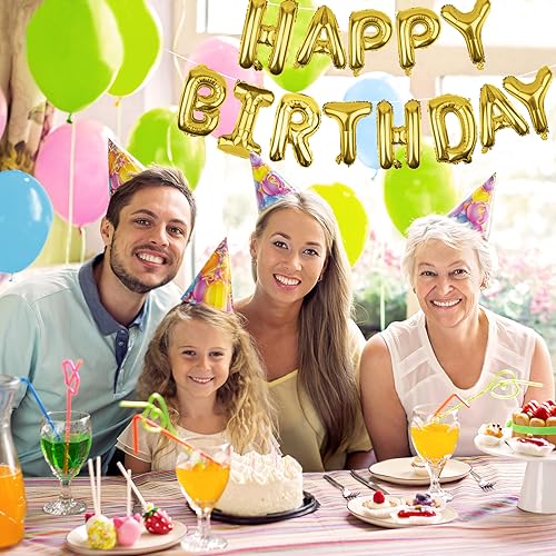 Gold Happy Birthday Balloons Banner 16 Inch Mylar Foil Letters, Inflatable Party Decor and Birthday Decorations for Women,...