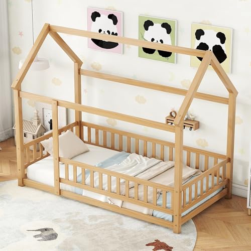 Bellemave Twin Size House Floor Bed Frame,Wooden Montessori Floor Bed with Fence for Kids,Twin Size Kids Bed,Natural