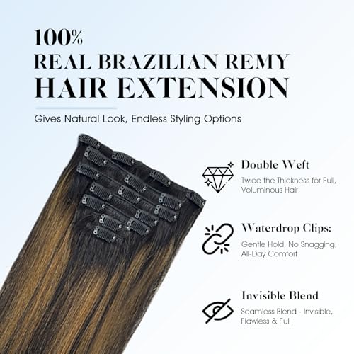 SIYUSI Clip in Hair Extensions Real Human Hair, 100% Brazilian Remy Human Hair Clip Ins, Invisible & Scalp-Friendly, Natural Black Mixed Chestnut Brown,7Pcs 4.23oz, 18 Inch