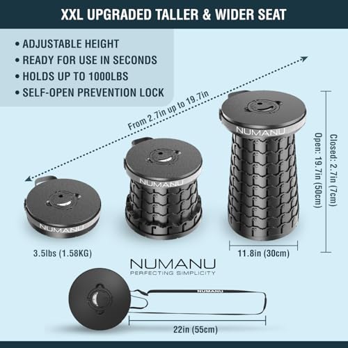 NUMANU 2025 Upgraded XXL Collapsible Stool with Cushion & Bag, 1000lbs Max Weight, 19.7" Heavy Duty Portable Retractable T...