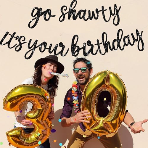 BEISHIDA Black Go Shawty It's Your Birthday Banner-11.4Feet, NO DIY-Hip Hop Theme Glitter Happy Birthday Banner - Pre-Stru...