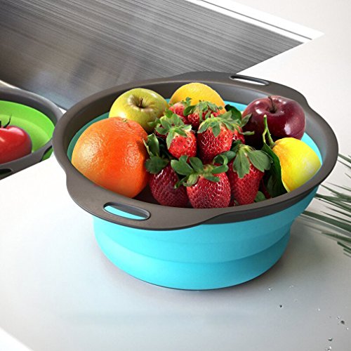 Qimh Collapsible Colander Set of 3 Round Silicone Kitchen Strainer Set - 2 pcs 4 Quart and 1 pcs 2 Quart- Perfect for Drai...