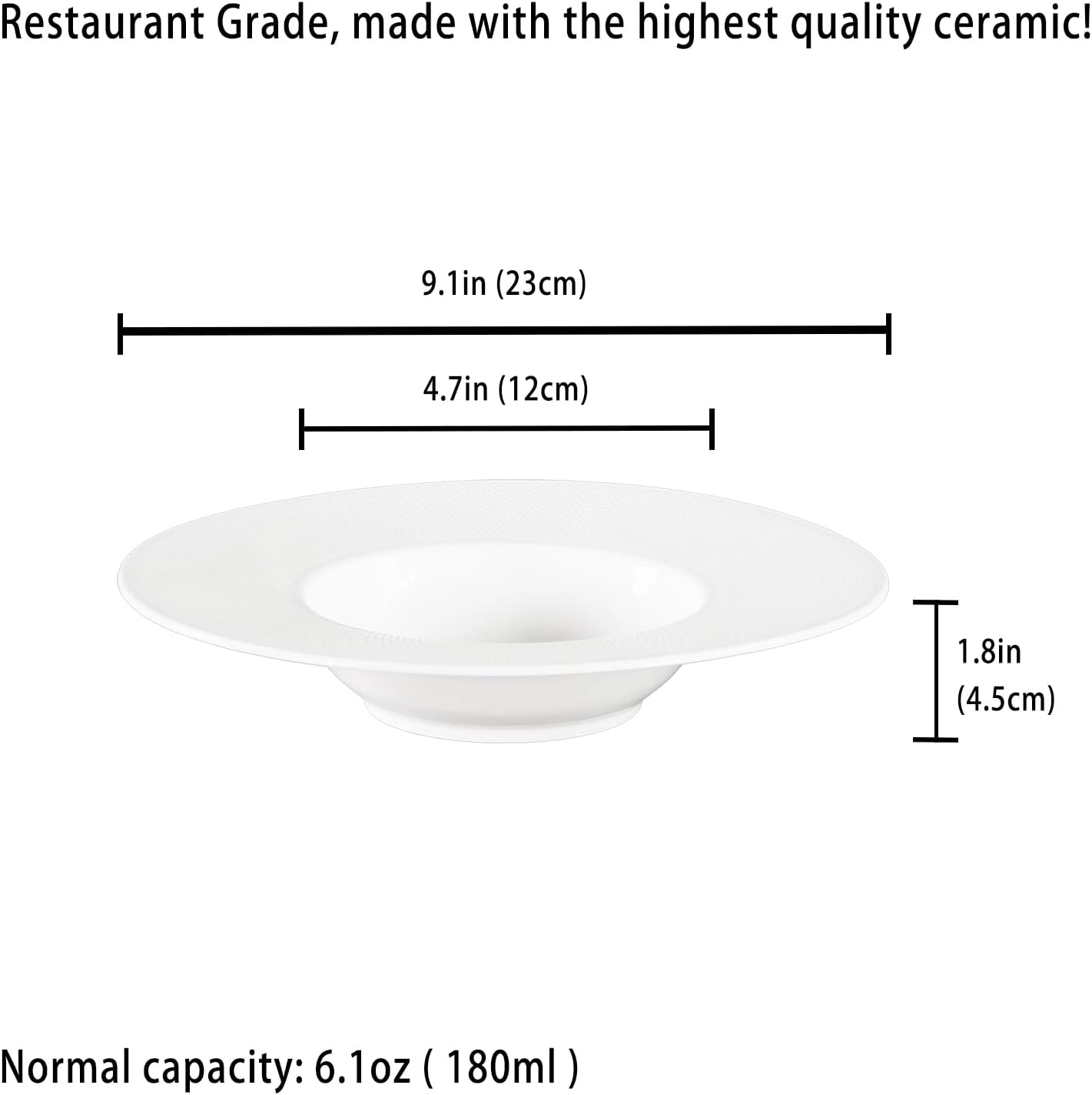 soup bowl, white salad bowl set of 4, embossed porcelain wide rim bowl, 6 oz, microwave and dishwasher safe, best for gourmets and restaurants 9.1 inch mesh